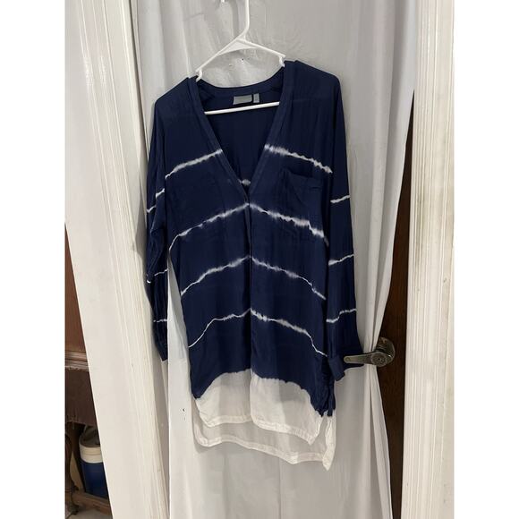 Athleta Blue White Striped Button Up Tie Dye Swim Cover Up Silk Blend Sz M - Picture 2 of 9